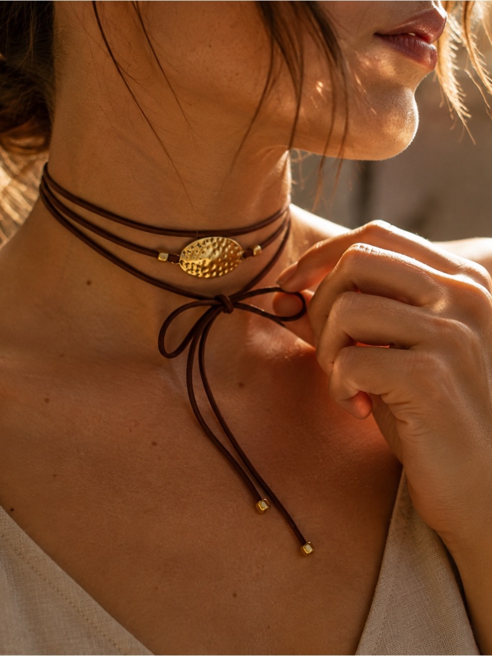 Brown Faux Suede Wrap Choker Necklace Gold Tone Oval Accent